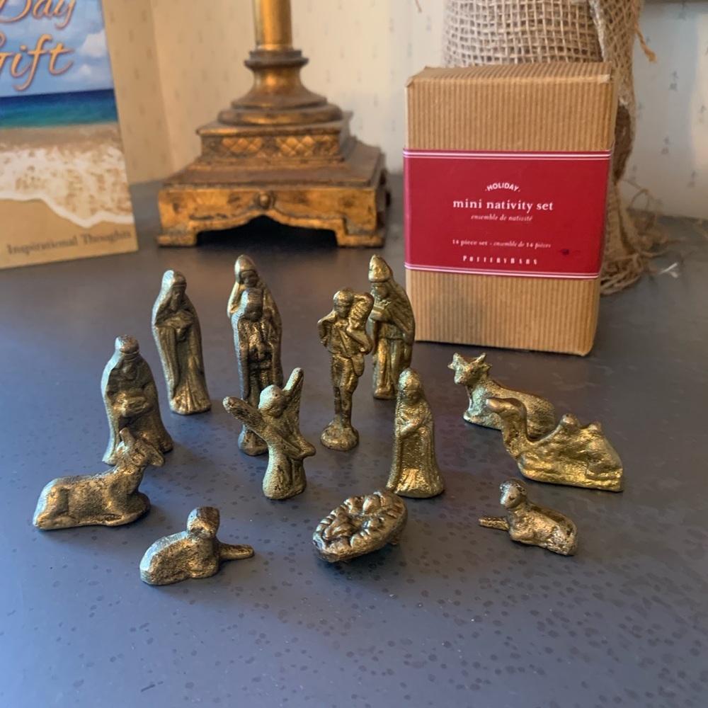 Pottery Barn, NEW WITH TAGS, 14 piece mini Nativity set. GOLD metallic finish.